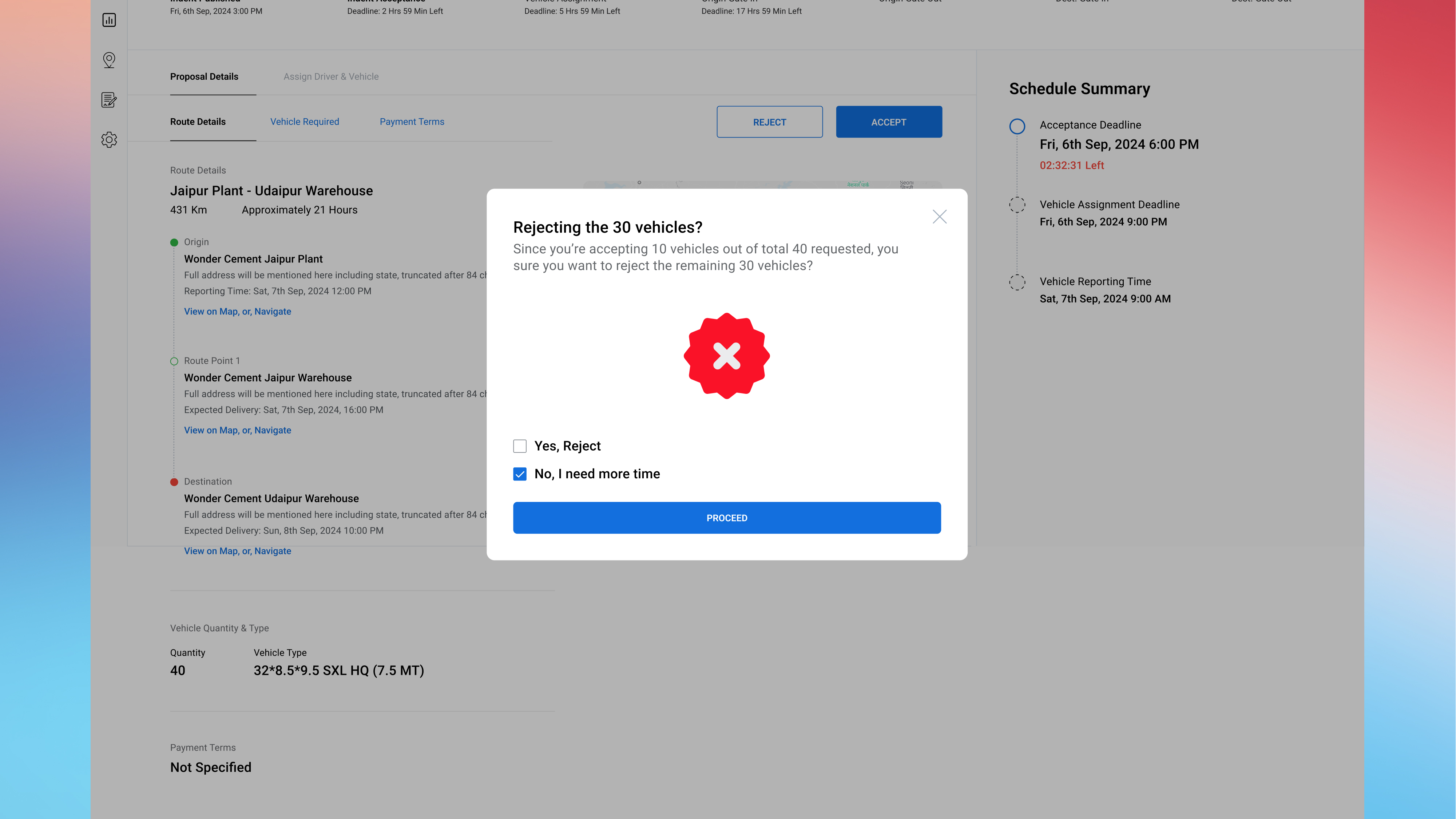 Rejection confirmation dialog for transporters